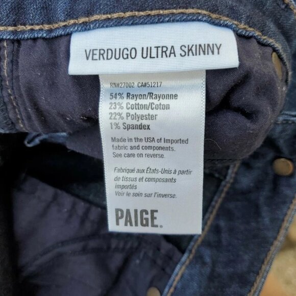 Paige Womens Transcend Verdugo Ultra Skinny Dark Blue Jeans Size 27 - Picture 2 of 5